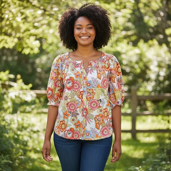 Rose & Olive Floral Puff Sleeve Top Womens 2X Multicolor Button Up Bold Peasant - Picture 5 of 10